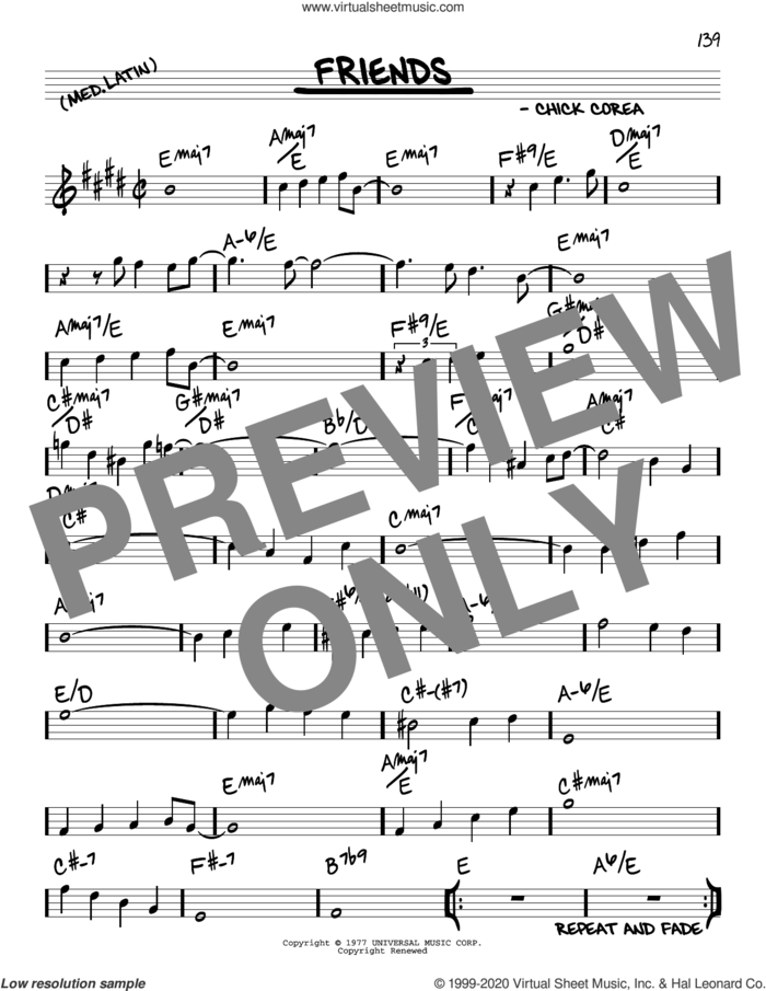Friends sheet music for voice and other instruments (real book) by Chick Corea, intermediate skill level