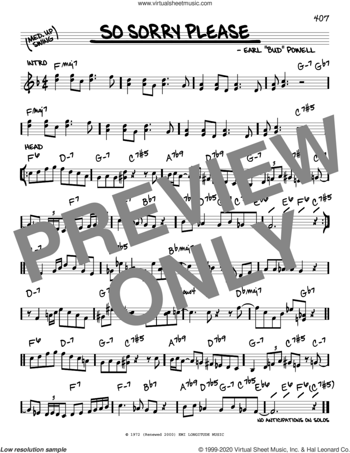 So Sorry Please sheet music for voice and other instruments (real book) by Bud Powell, intermediate skill level