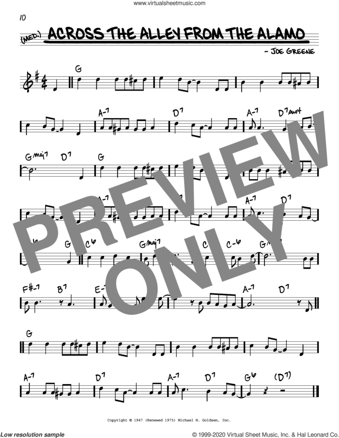 Across The Alley From The Alamo sheet music for voice and other instruments (real book) by Joe Greene, intermediate skill level