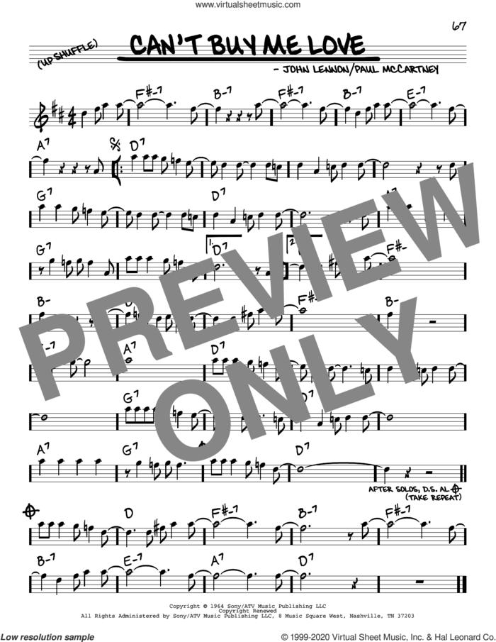 Can't Buy Me Love sheet music for voice and other instruments (real book) by The Beatles, John Lennon and Paul McCartney, intermediate skill level