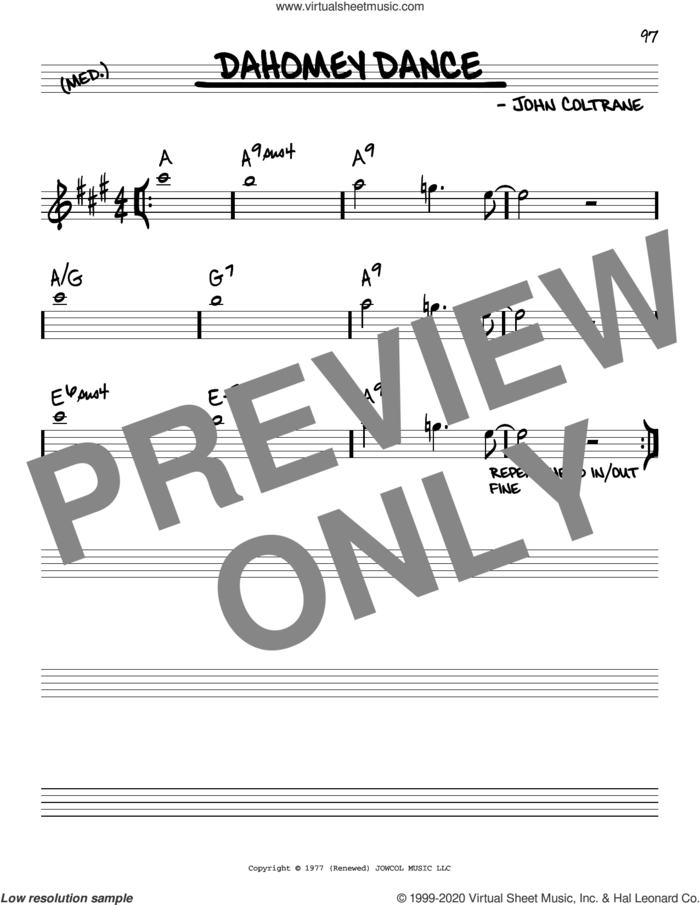 Dahomey Dance sheet music for voice and other instruments (real book) by John Coltrane, intermediate skill level