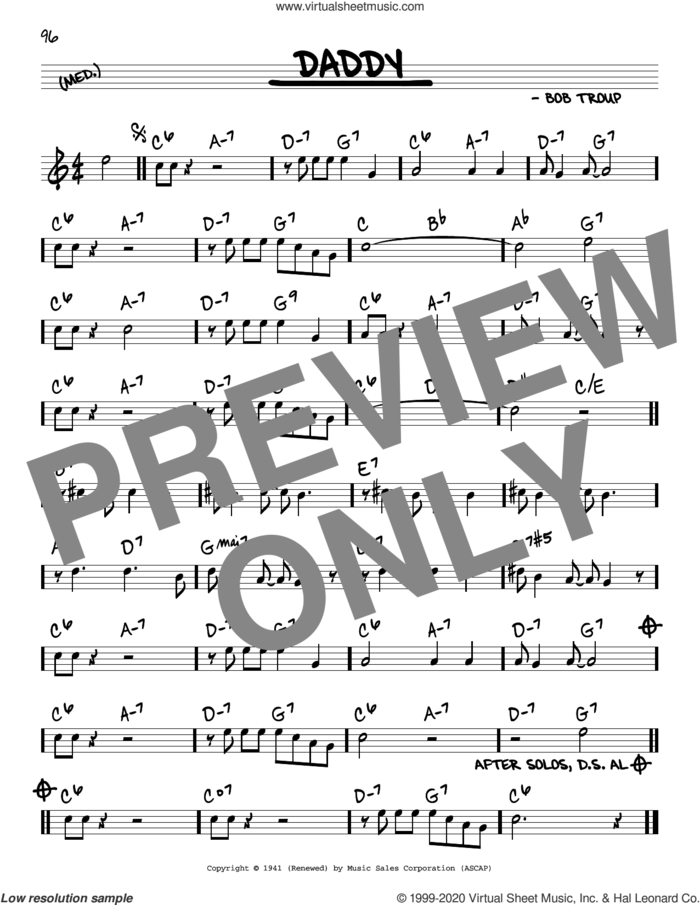 Daddy sheet music for voice and other instruments (real book) by Bobby Troup, intermediate skill level