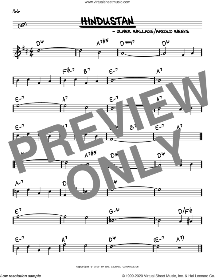 Hindustan sheet music for voice and other instruments (real book) by Oliver Wallace and Harold Weeks, intermediate skill level