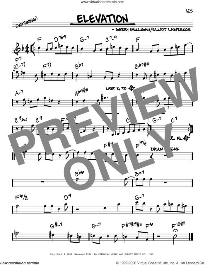 Elevation sheet music for voice and other instruments (real book) by Gerry Mulligan and Elliott Lawrence, intermediate skill level