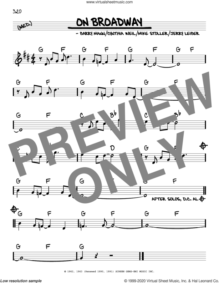 On Broadway sheet music for voice and other instruments (real book) by Mike Stoller, Barry Mann, Cynthia Weil, Jerry Leiber and Leiber & Stoller, intermediate skill level
