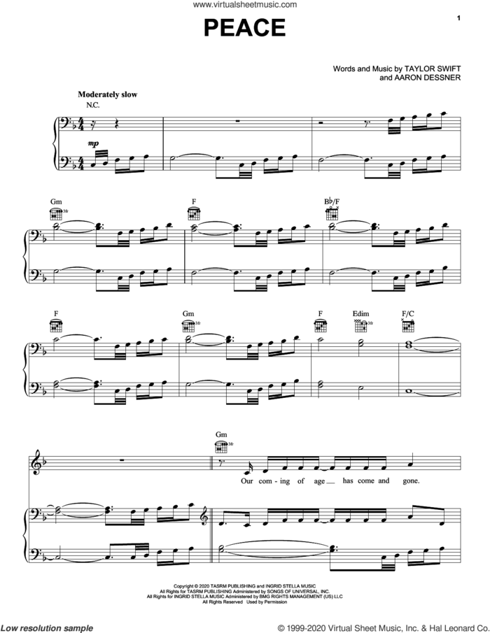 peace sheet music for voice, piano or guitar by Taylor Swift and Aaron Dessner, intermediate skill level