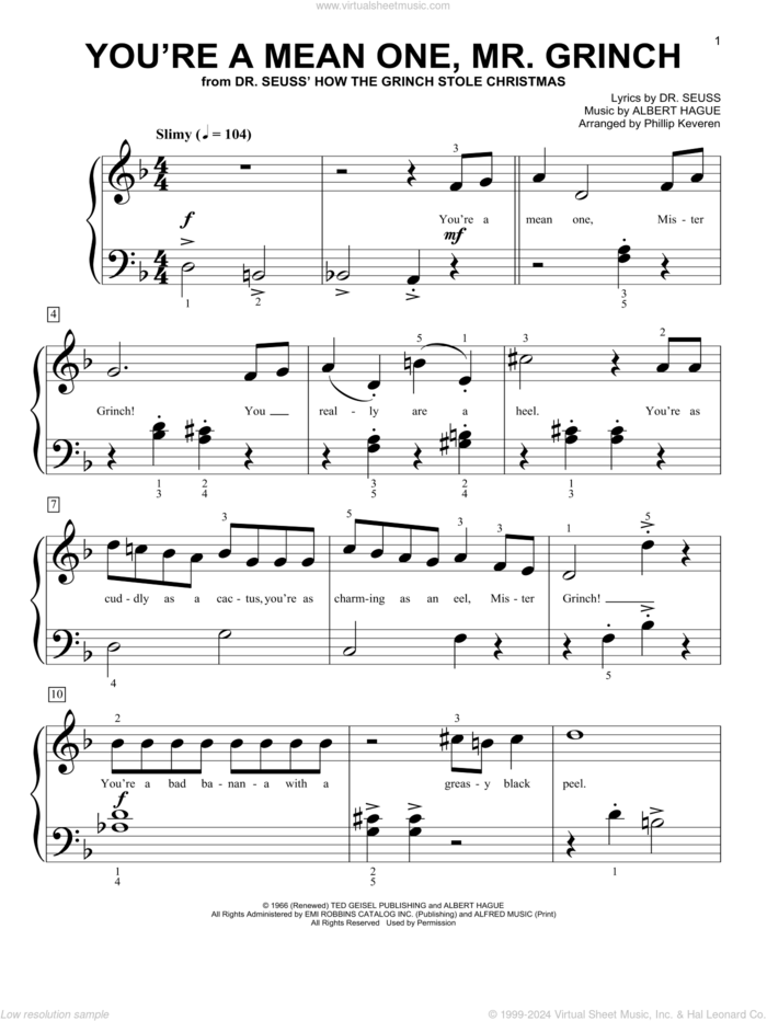 You're A Mean One, Mr. Grinch (from Dr. Seuss How The Grinch Stole Christmas) (arr. Phillip Keveren) sheet music for piano solo (big note book) by Albert Hague, Phillip Keveren and Dr. Seuss, easy piano (big note book)