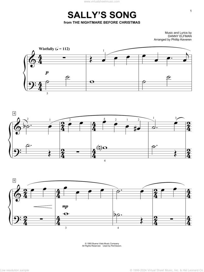 Sally's Song (from The Nightmare Before Christmas) (arr. Phillip Keveren) sheet music for piano solo (big note book) by Danny Elfman and Phillip Keveren, easy piano (big note book)