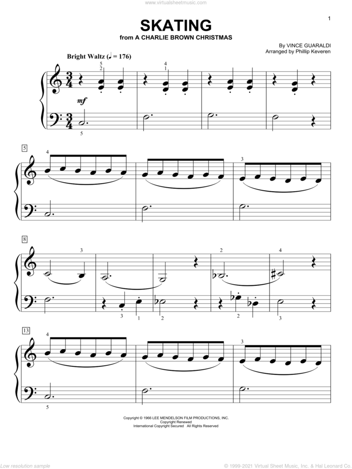 Skating (from A Charlie Brown Christmas) (arr. Phillip Keveren) sheet music for piano solo (big note book) by Vince Guaraldi and Phillip Keveren, easy piano (big note book)