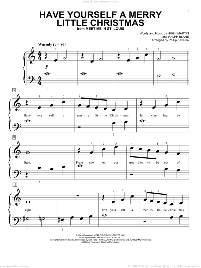 Have Yourself A Merry Little Christmas (from Meet Me In St. Louis) (arr. Phillip Keveren) sheet music for piano solo (big note book) by Hugh Martin, Phillip Keveren and Ralph Blane, easy piano (big note book)