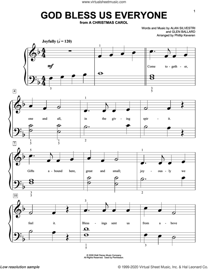 God Bless Us Everyone (from A Christmas Carol) (arr. Phillip Keveren) sheet music for piano solo (big note book) by Andrea Bocelli, Phillip Keveren, Alan Silvestri and Glen Ballard, easy piano (big note book)