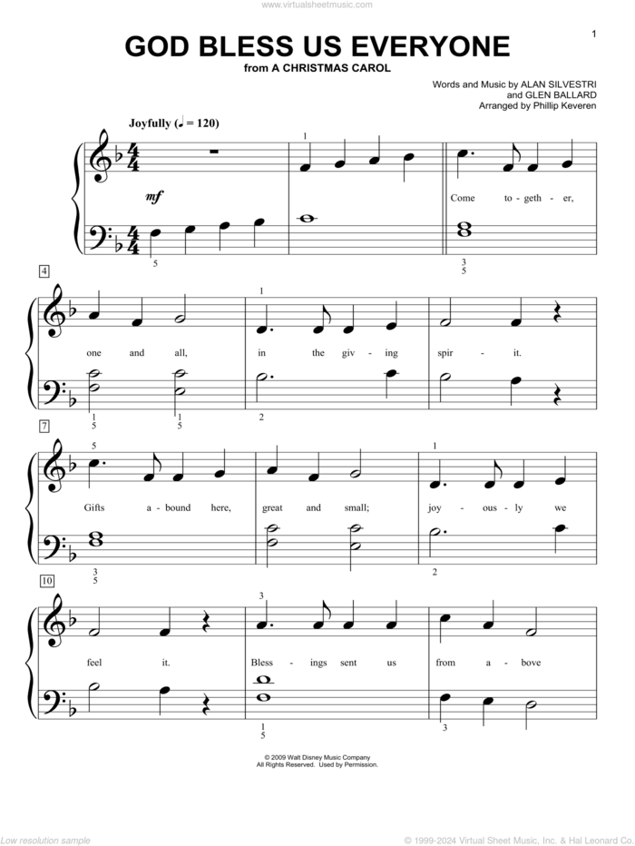 God Bless Us Everyone (from A Christmas Carol) (arr. Phillip Keveren) sheet music for piano solo (big note book) by Andrea Bocelli, Phillip Keveren, Alan Silvestri and Glen Ballard, easy piano (big note book)