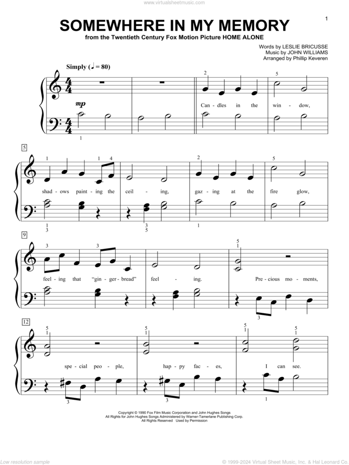 Somewhere In My Memory (from Home Alone) (arr. Phillip Keveren) sheet music for piano solo (big note book) by John Williams, Phillip Keveren and Leslie Bricusse, easy piano (big note book)