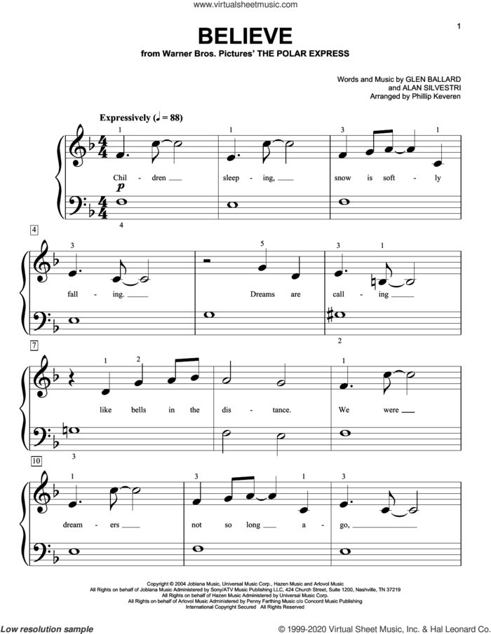 Believe (from The Polar Express) (arr. Phillip Keveren) sheet music for piano solo (big note book) by Josh Groban, Phillip Keveren, Alan Silvestri and Glen Ballard, easy piano (big note book)