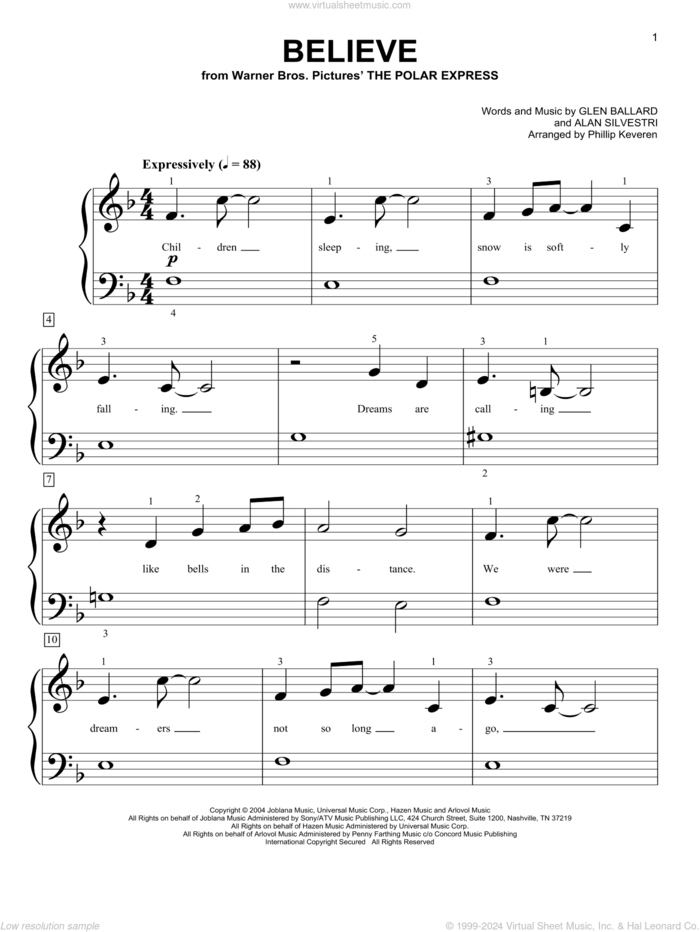 Believe (from The Polar Express) (arr. Phillip Keveren) sheet music for piano solo (big note book) by Josh Groban, Phillip Keveren, Alan Silvestri and Glen Ballard, easy piano (big note book)