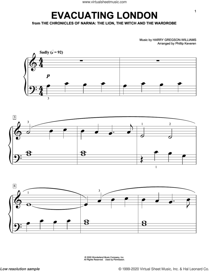 Evacuating London (arr. Phillip Keveren) sheet music for piano solo (big note book) by Harry Gregson-Williams and Phillip Keveren, easy piano (big note book)