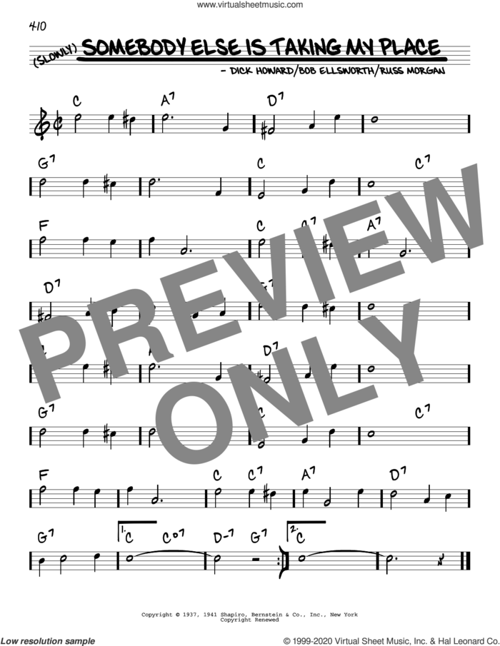Somebody Else Is Taking My Place sheet music for voice and other instruments (real book) by Peggy Lee, Bob Ellsworth, Dick Howard and Russ Morgan, intermediate skill level