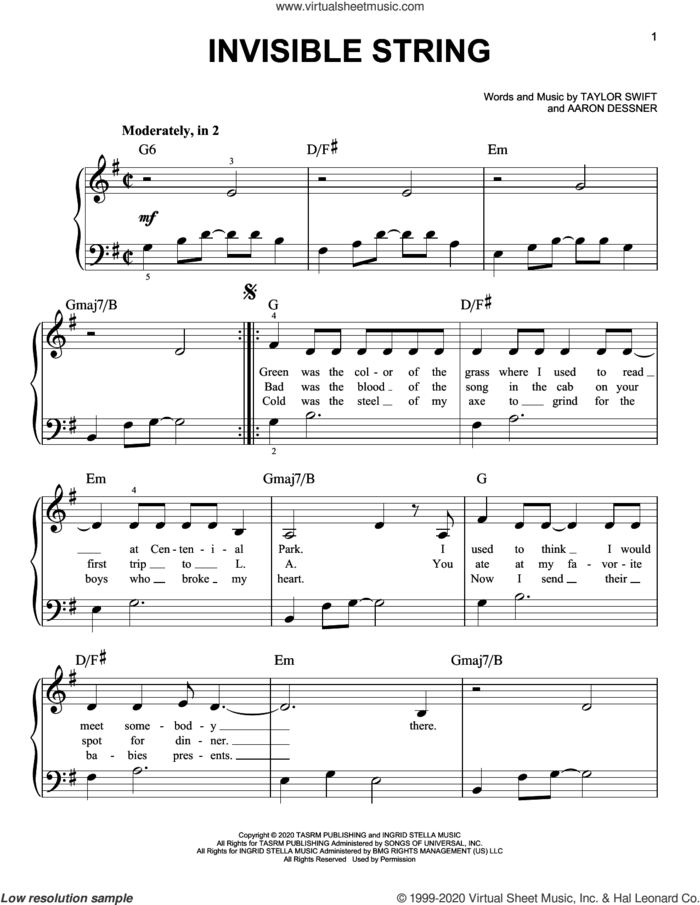 invisible string sheet music for piano solo by Taylor Swift and Aaron Dessner, easy skill level