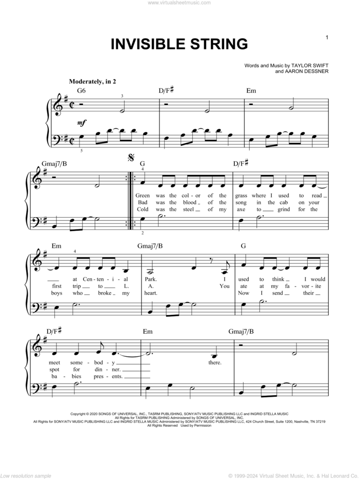 invisible string sheet music for piano solo by Taylor Swift and Aaron Dessner, easy skill level