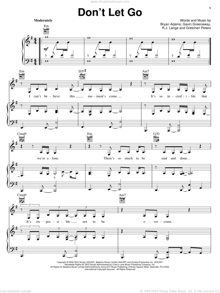 Don't Let Go sheet music for voice, piano or guitar by Bryan Adams, Spirit: Stallion Of The Cimarron (Movie), Gavin Greenaway and Robert John Lange, intermediate skill level