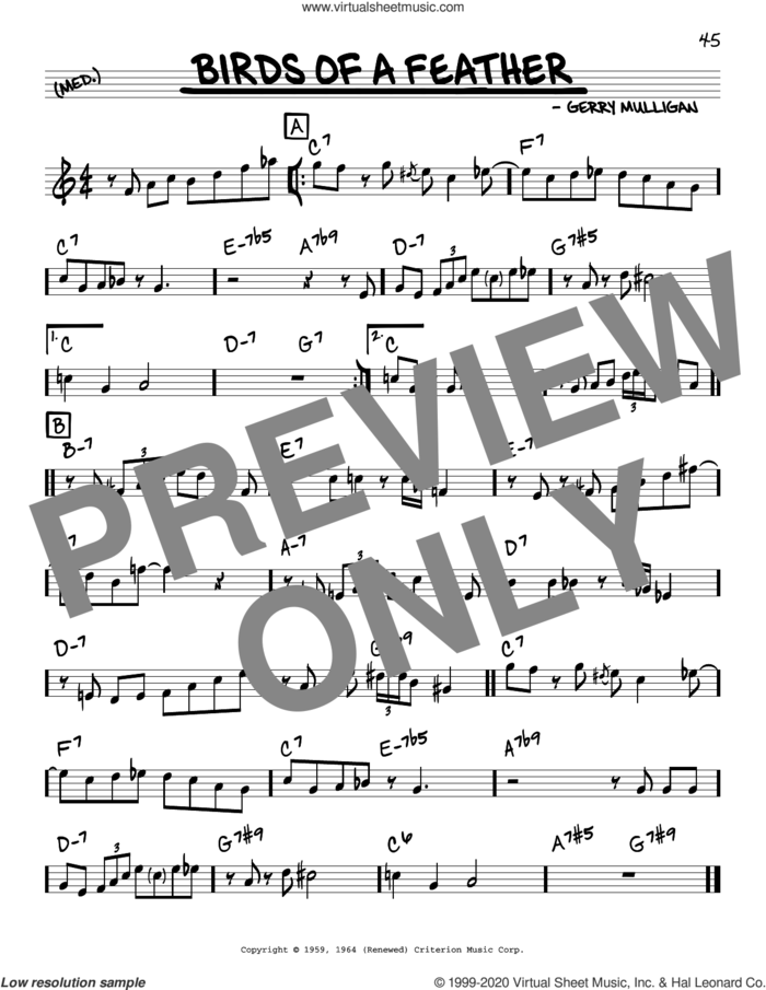 Birds Of A Feather sheet music for voice and other instruments (real book) by Gerry Mulligan, intermediate skill level