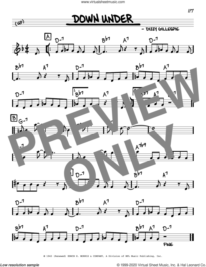 Down Under sheet music for voice and other instruments (real book) by Dizzy Gillespie, intermediate skill level
