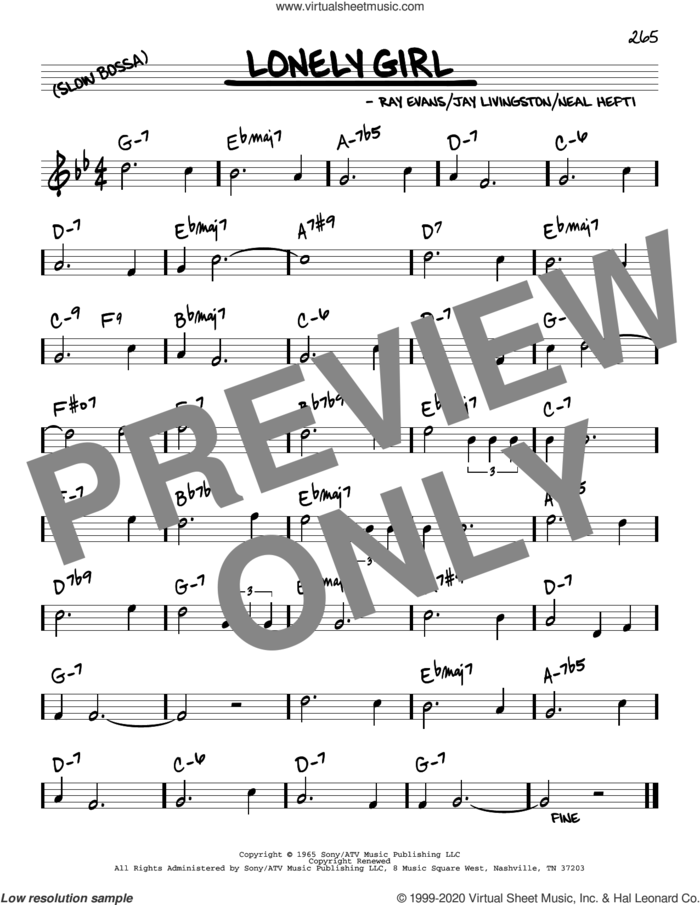 Lonely Girl sheet music for voice and other instruments (real book) by Tony Bennett, Jay Livingston, Neal Hefti and Ray Evans, intermediate skill level