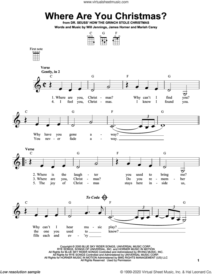 Where Are You Christmas? (from How The Grinch Stole Christmas) sheet music for ukulele by Faith Hill, James Horner, Mariah Carey and Will Jennings, intermediate skill level