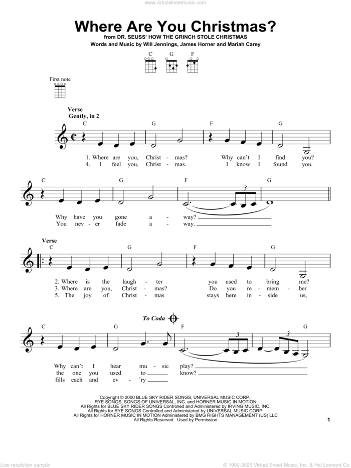 Where Are You Christmas? (from How The Grinch Stole Christmas) sheet music for ukulele by Faith Hill, James Horner, Mariah Carey and Will Jennings, intermediate skill level