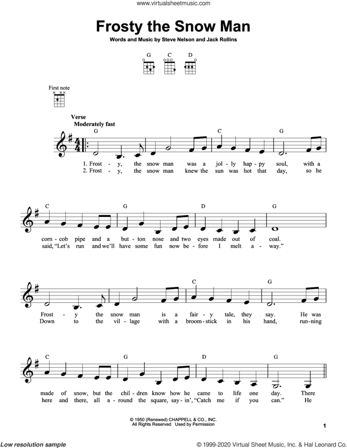 Frosty The Snow Man sheet music for ukulele by Steve Nelson and Jack Rollins, intermediate skill level
