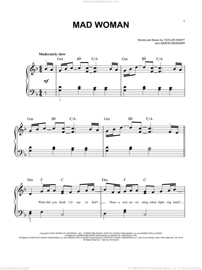 mad woman sheet music for piano solo by Taylor Swift and Aaron Dessner, easy skill level