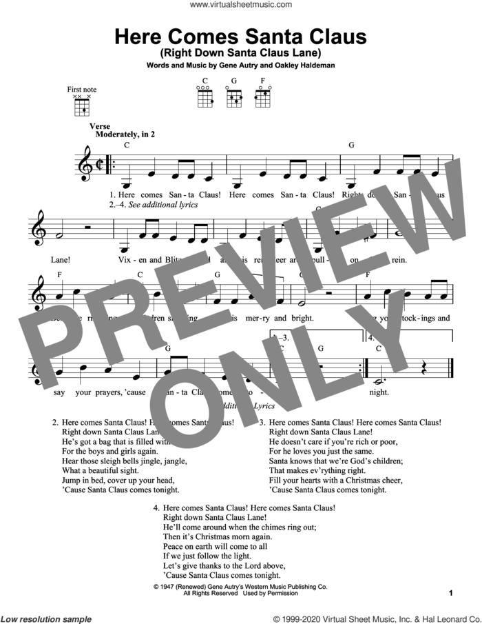 Here Comes Santa Claus (Right Down Santa Claus Lane) sheet music for ukulele by Gene Autry, Carpenters and Oakley Haldeman, intermediate skill level