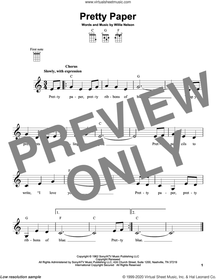 Pretty Paper sheet music for ukulele by Willie Nelson and Roy Orbison, intermediate skill level