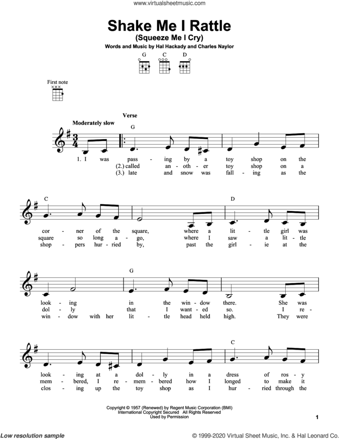 Shake Me I Rattle (Squeeze Me I Cry) sheet music for ukulele by Hal Clayton Hackady and Charles Naylor, intermediate skill level