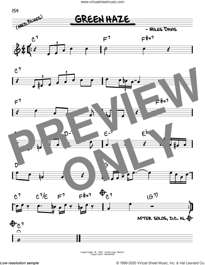 Green Haze sheet music for voice and other instruments (real book) by Miles Davis, intermediate skill level
