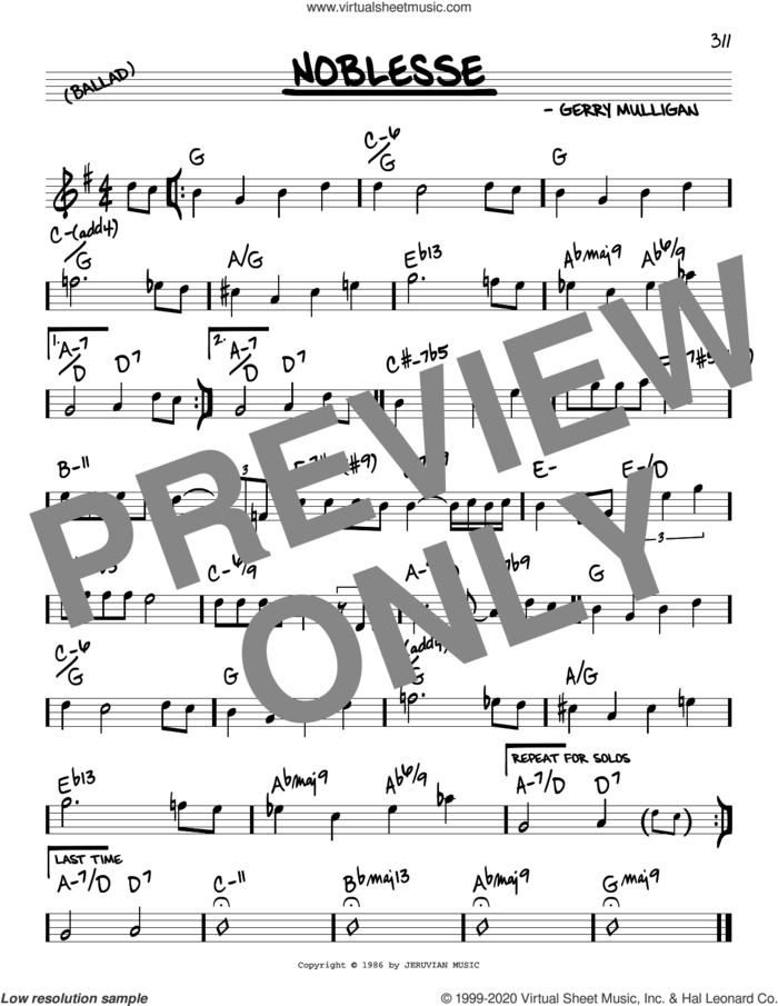 Noblesse sheet music for voice and other instruments (real book) by Gerry Mulligan, intermediate skill level