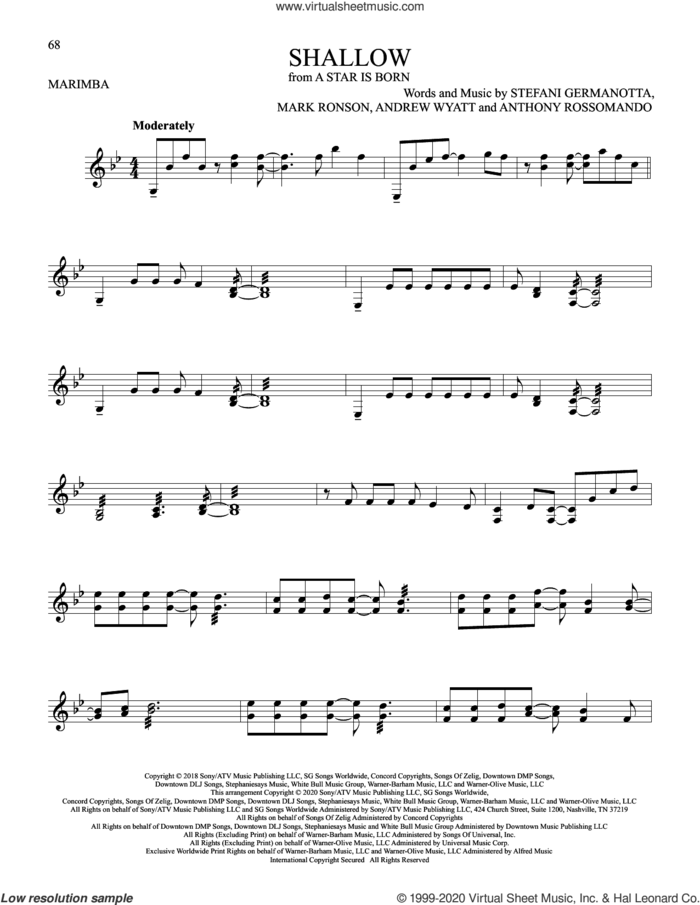 Shallow (from A Star Is Born) sheet music for Marimba Solo by Lady Gaga & Bradley Cooper, Bradley Cooper, Andrew Wyatt, Anthony Rossomando, Lady Gaga and Mark Ronson, intermediate skill level