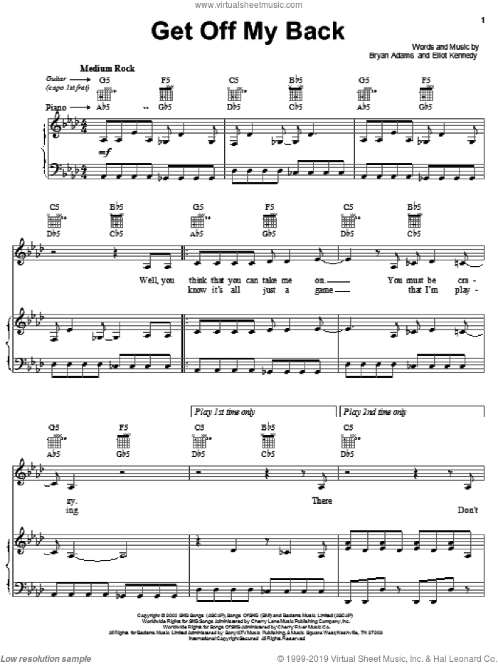 Get Off My Back sheet music for voice, piano or guitar by Bryan Adams, Spirit: Stallion Of The Cimarron (Movie) and Eliot Kennedy, intermediate skill level