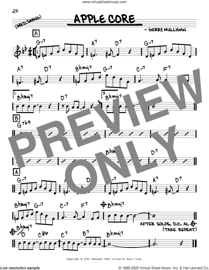 Apple Core sheet music for voice and other instruments (real book) by Gerry Mulligan, intermediate skill level