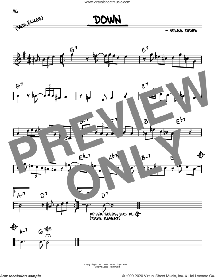 Down sheet music for voice and other instruments (real book) by Miles Davis, intermediate skill level