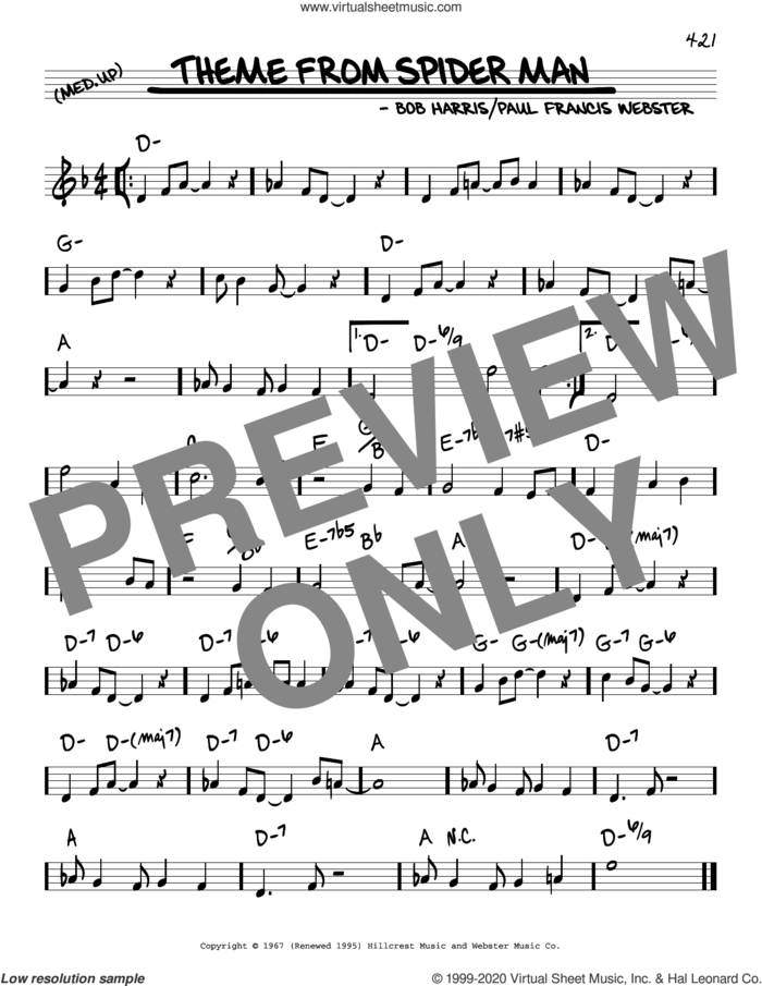 Theme From Spider Man sheet music for voice and other instruments (real book) by Bob Harris and Paul Francis Webster, intermediate skill level