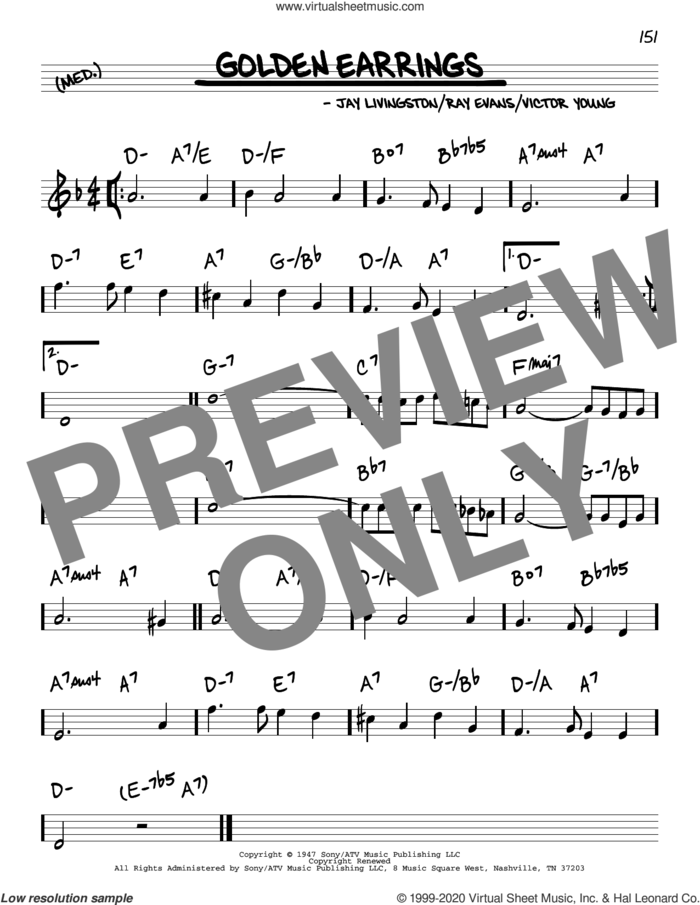 Golden Earrings sheet music for voice and other instruments (real book) by Peggy Lee, Jay Livingston, Ray Evans and Victor Young, intermediate skill level