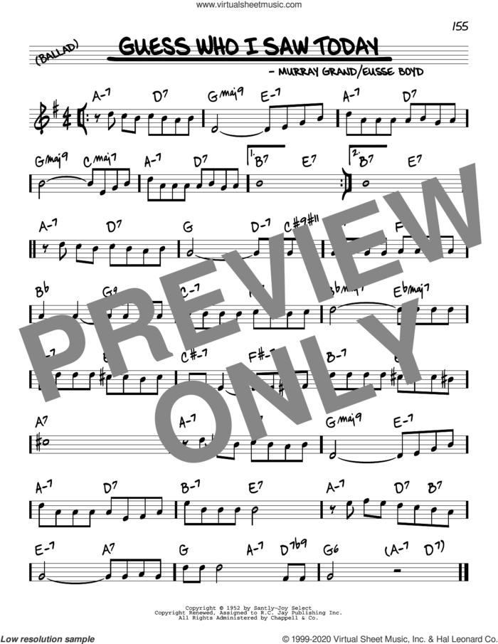 Guess Who I Saw Today sheet music for voice and other instruments (real book) by Murray Gr and Elisse Boyd, intermediate skill level
