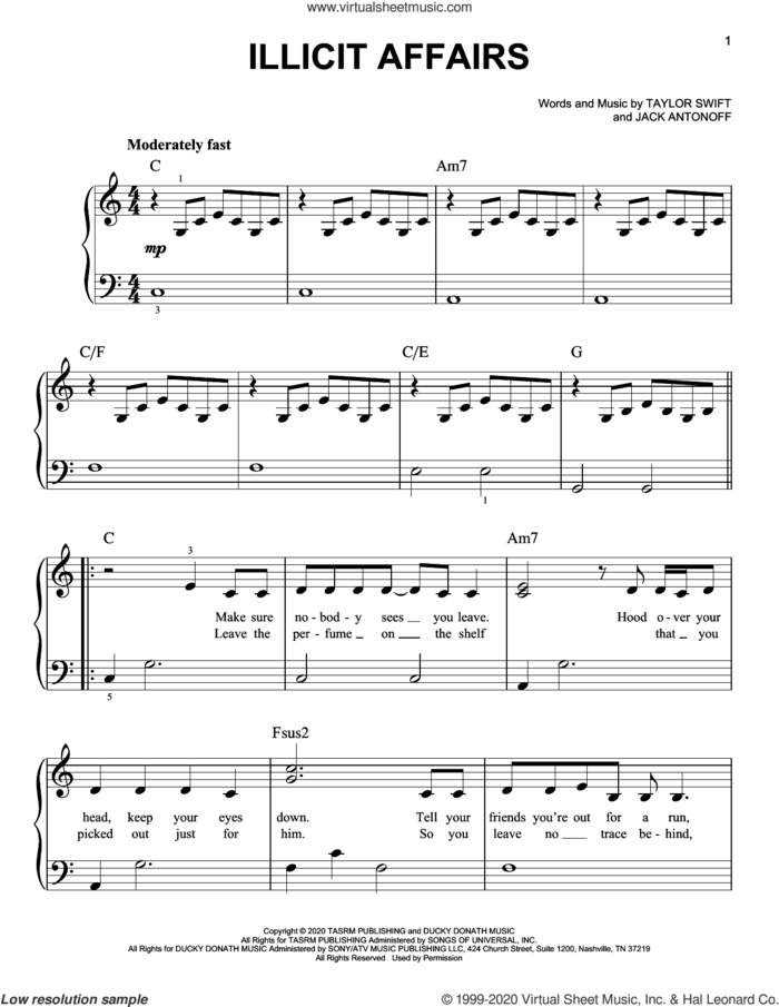 illicit affairs sheet music for piano solo by Taylor Swift and Jack Antonoff, easy skill level