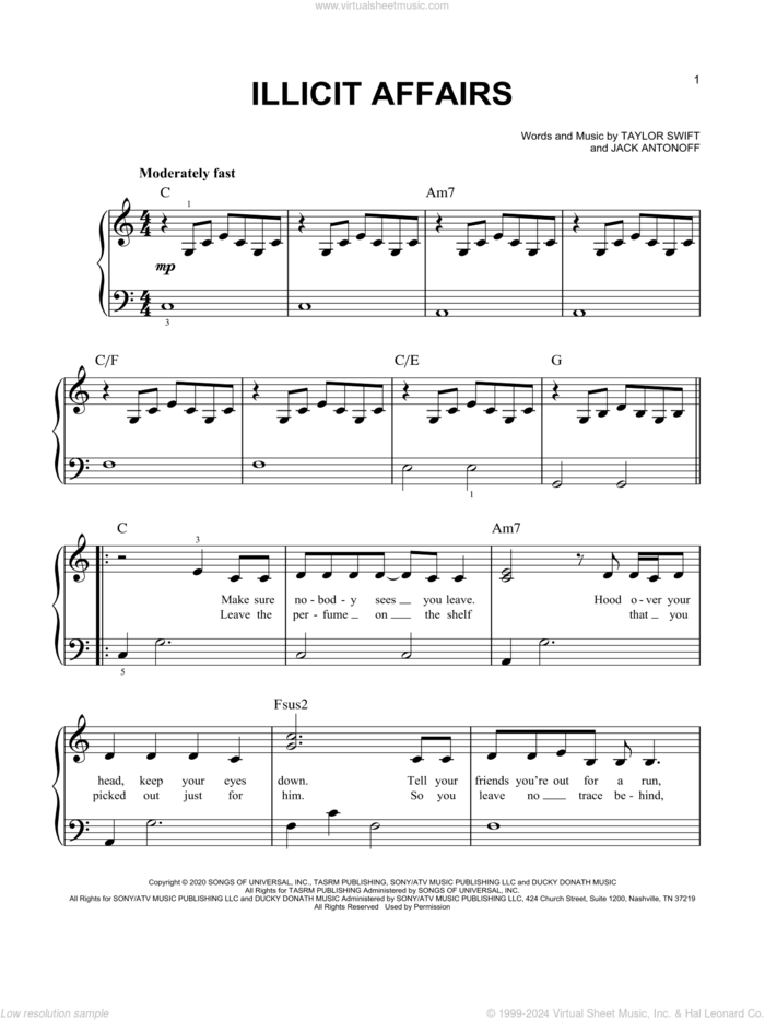 illicit affairs sheet music for piano solo by Taylor Swift and Jack Antonoff, easy skill level