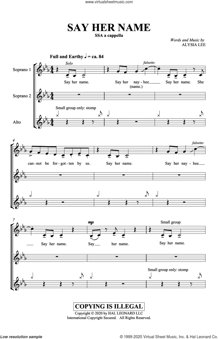 Say Her Name sheet music for choir (SSA: soprano, alto) by Alysia Lee, intermediate skill level