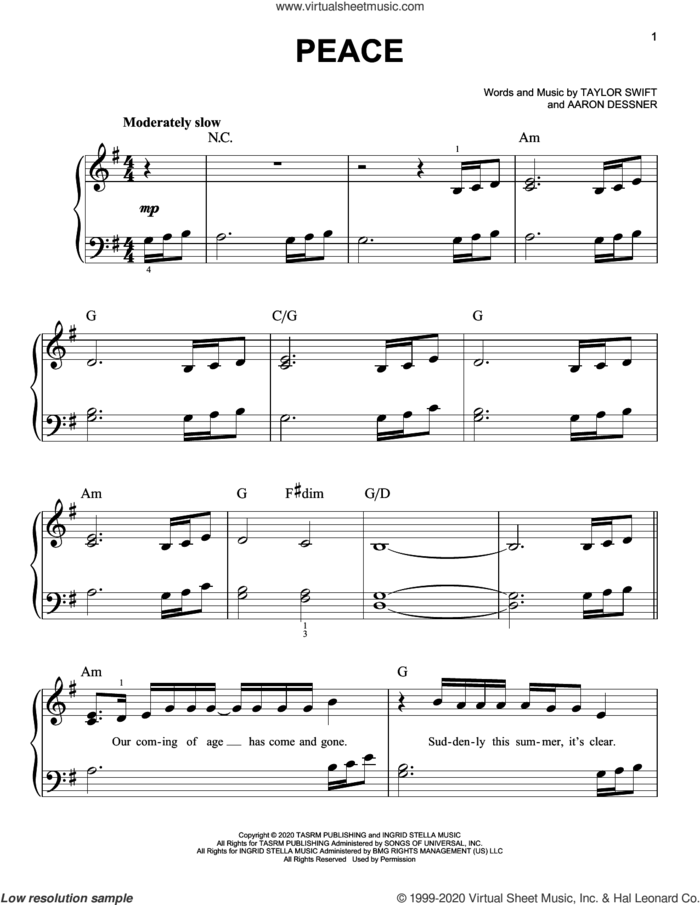 peace sheet music for piano solo by Taylor Swift and Aaron Dessner, easy skill level