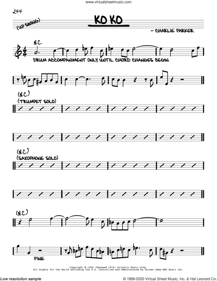 Ko Ko sheet music for voice and other instruments (real book) by Charlie Parker, intermediate skill level