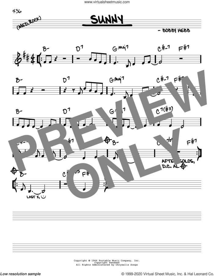 Sunny sheet music for voice and other instruments (real book) by Bobby Hebb, intermediate skill level