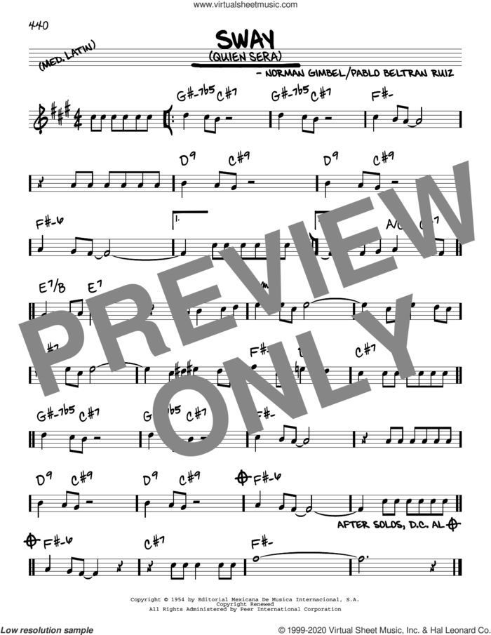 Sway (Quien Sera) sheet music for voice and other instruments (real book) by Dean Martin, Luis Demetrio Traconis Molina, Norman Gimbel and Pablo Beltran Ruiz, intermediate skill level